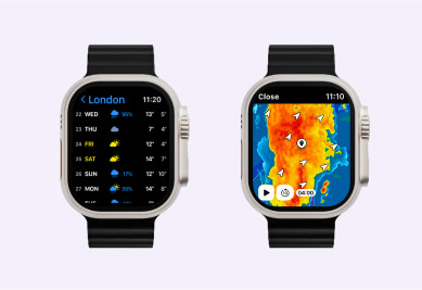 Captura de tela de um Apple Watch com o aplicativo RainViewer aberto, mostrando a previsão do tempo e o mapa do radar