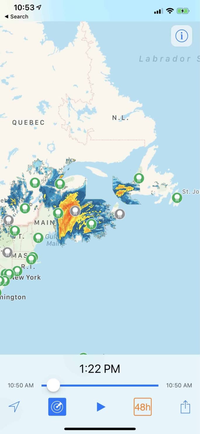 RainViewer combines radar data from multiple sites into a unified view. Or, you may select a single site.