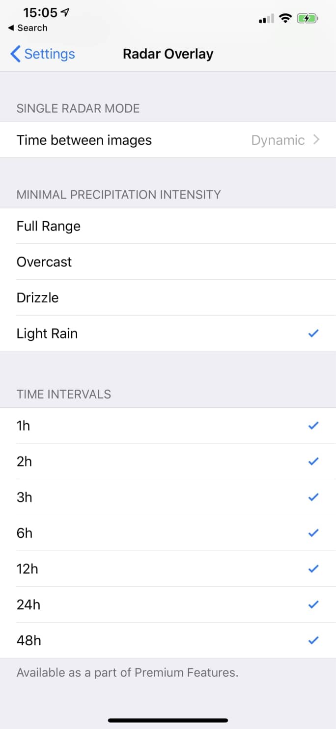 In RainViewer, adjust the Minimal Precipitation Intensity to filter for a range of detected rain.