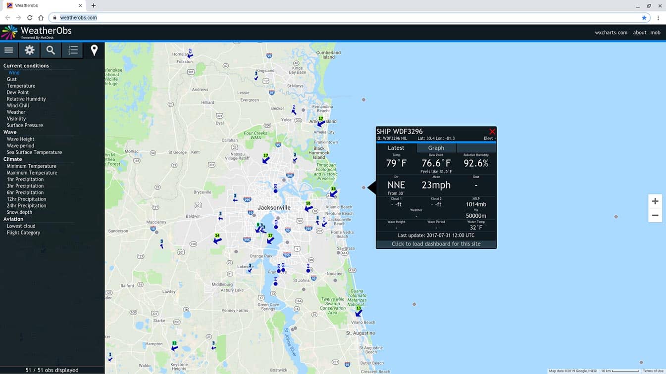 View temperature, wind, and pressure found on land, at buoys, and on ships at sea.