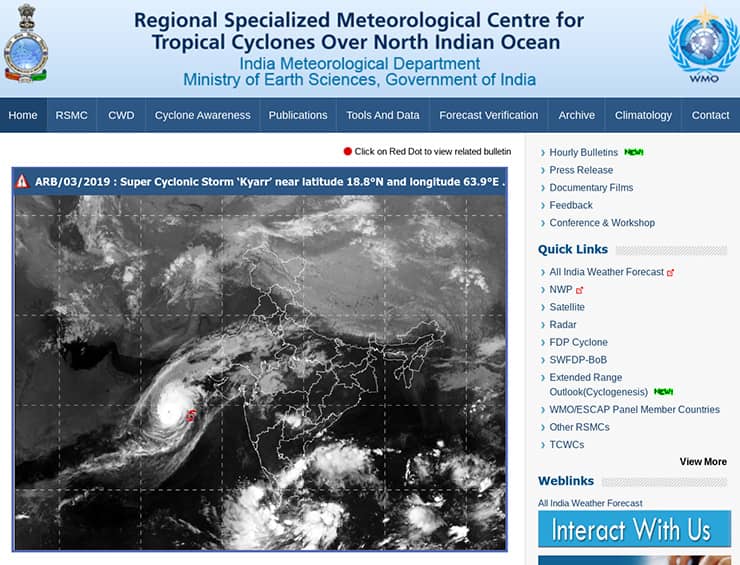 A screenshot of an active Cyclone tracked by the Regional Specialized Meteorological Centre for Tropical Cyclones Over North Indian Ocean