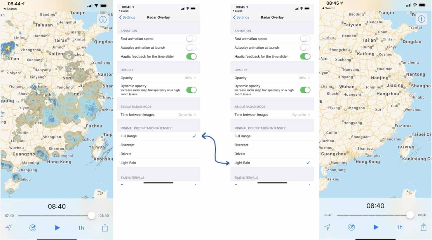 Adjust the Minimal Precipitation Intensity setting to filter drizzle, as well as most bats, birds, and bugs.