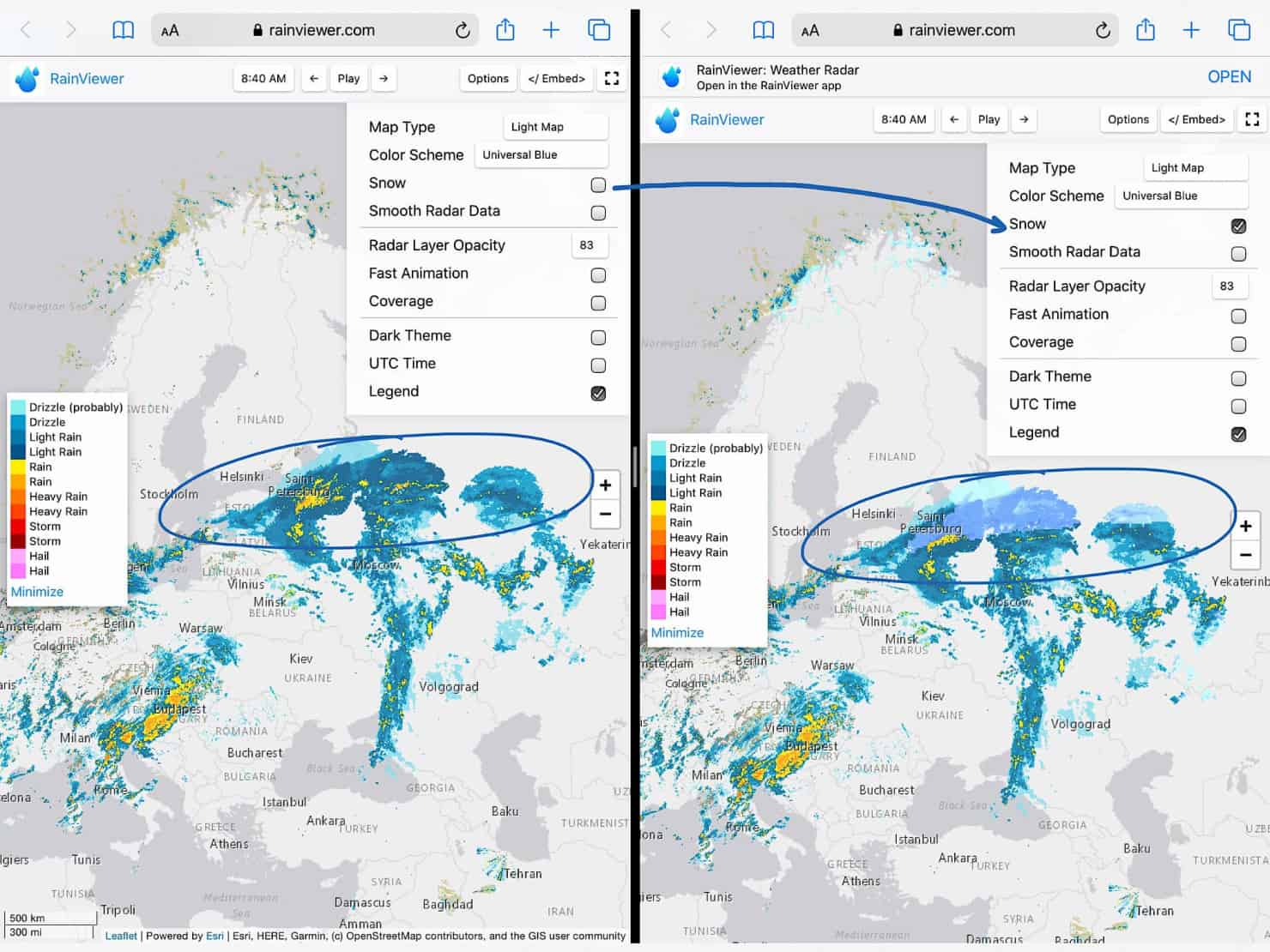 Enable the snow setting to improve the contrast between rain and snow.