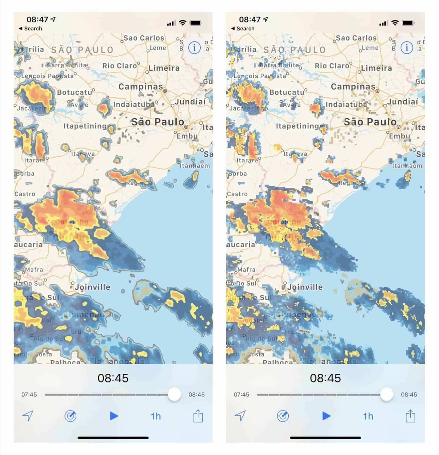 For a more accurate depiction of radar data, turn smoothing off. Left image is smoothed, right image is not.