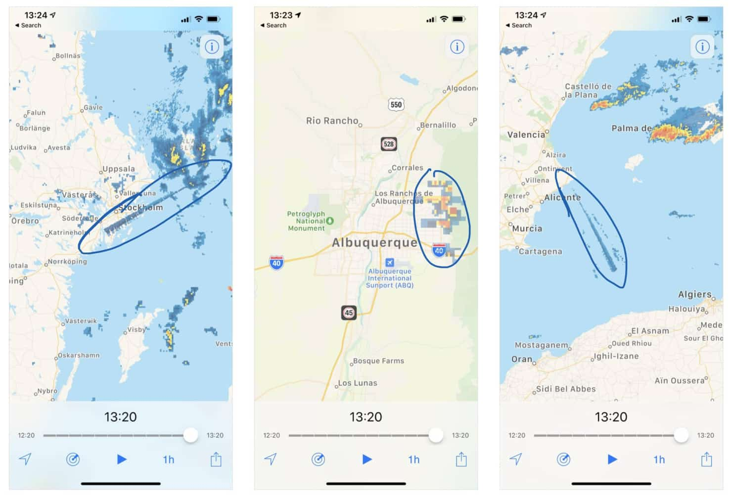 Sometimes, what displays simply isn't rain. Mountains can create a false signal, as shown in the center image. And rain rarely travels in long, narrow wedges as displayed in the left and right images.