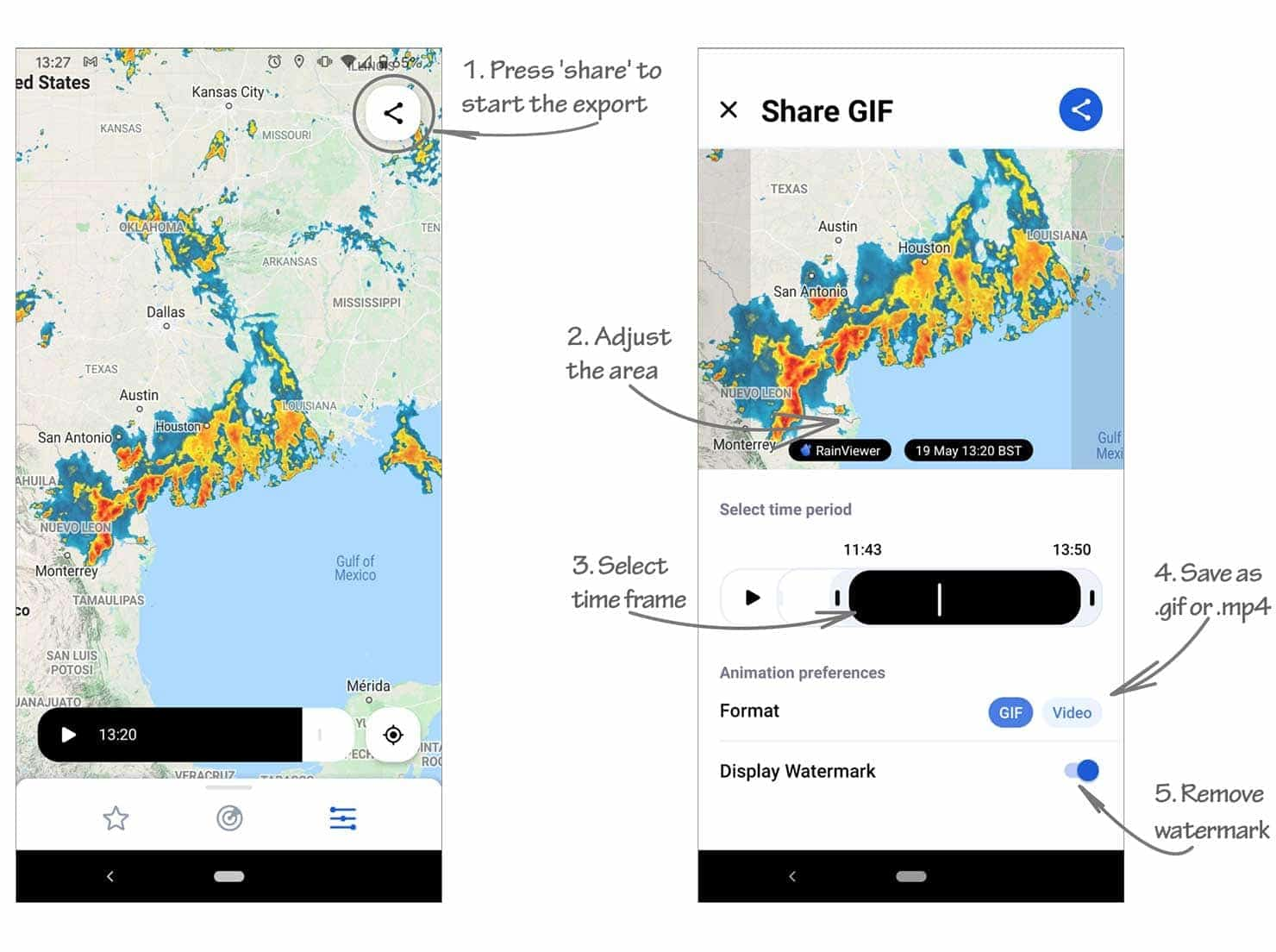 Export and Share Radar Animation in RainViewer on Android