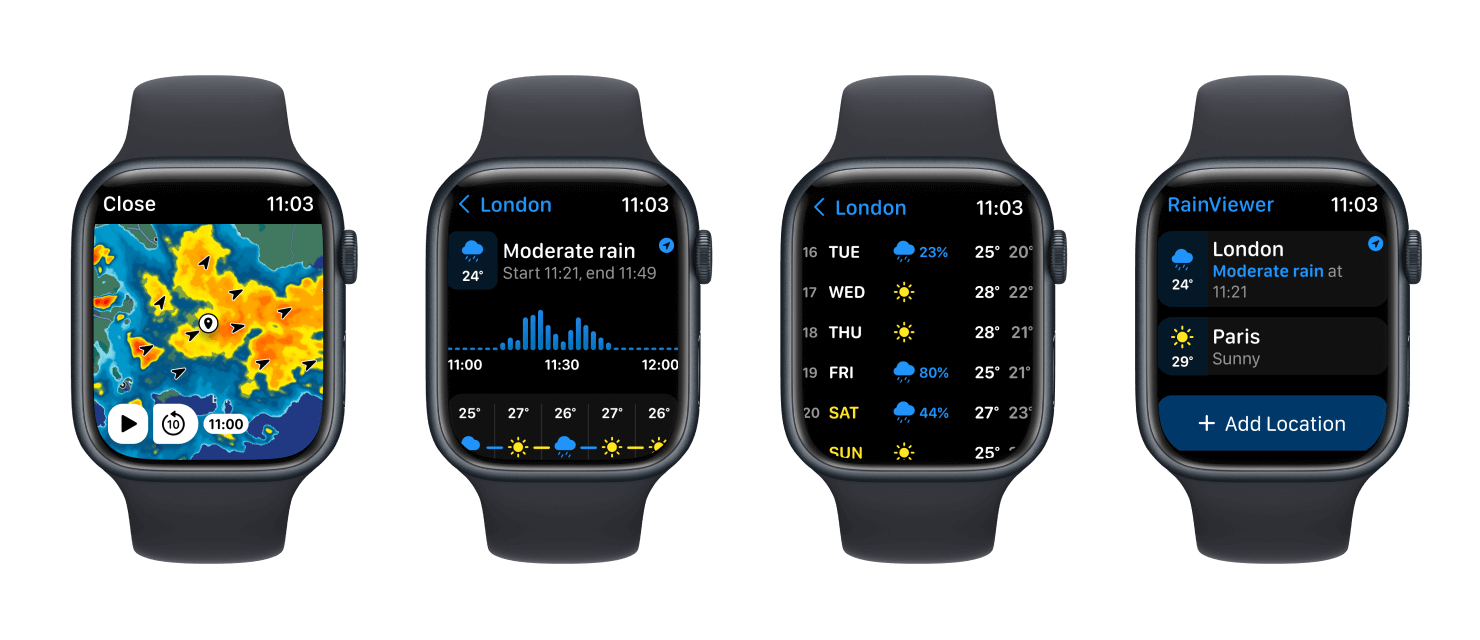 RainViewer: radar map, forecast, rain prediction on Apple Watch.