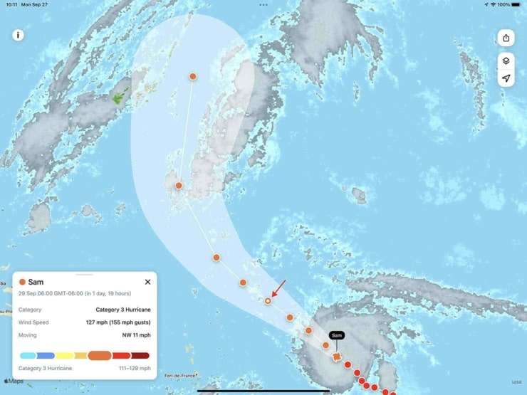 Hurricane Sam’s path in the RainViewer app.