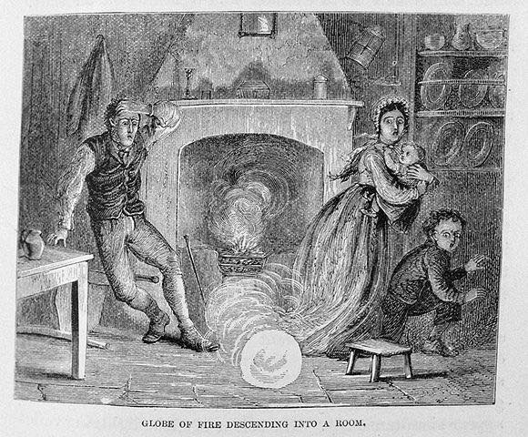 Ball lightning entering via the chimney, 1886