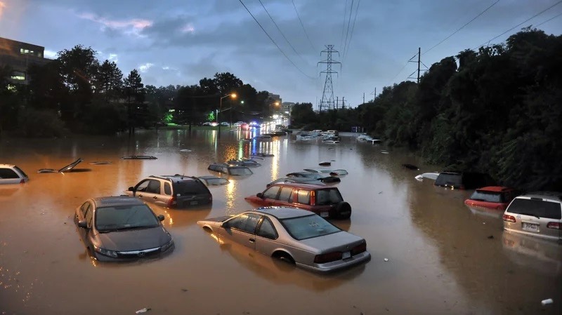 Flooding after a heavy rainfall in Reston, VA