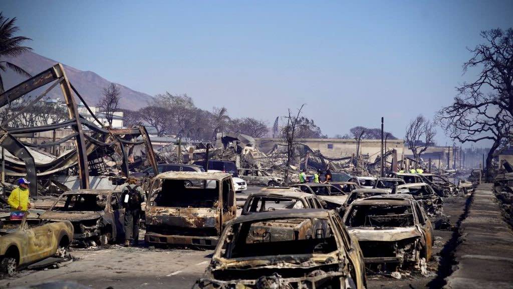 Destroyed cars after the Lahaina fire in 2023