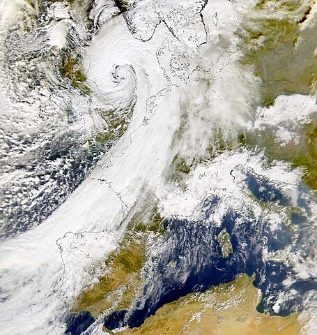 Cyclone Oratia showing the comma shape typical of extratropical cyclones
