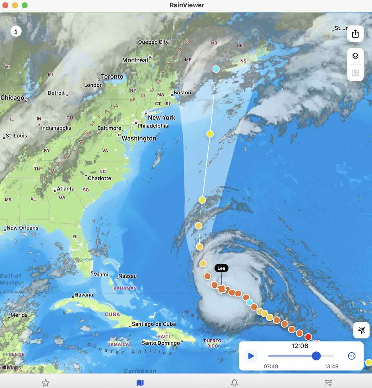 Hurricane Lee path in RainViewer's hurricane tracker