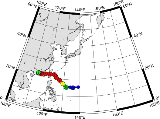 GSM, a forecast model by Japan Meteorological Agency, showing the path of Typhoon Koinu