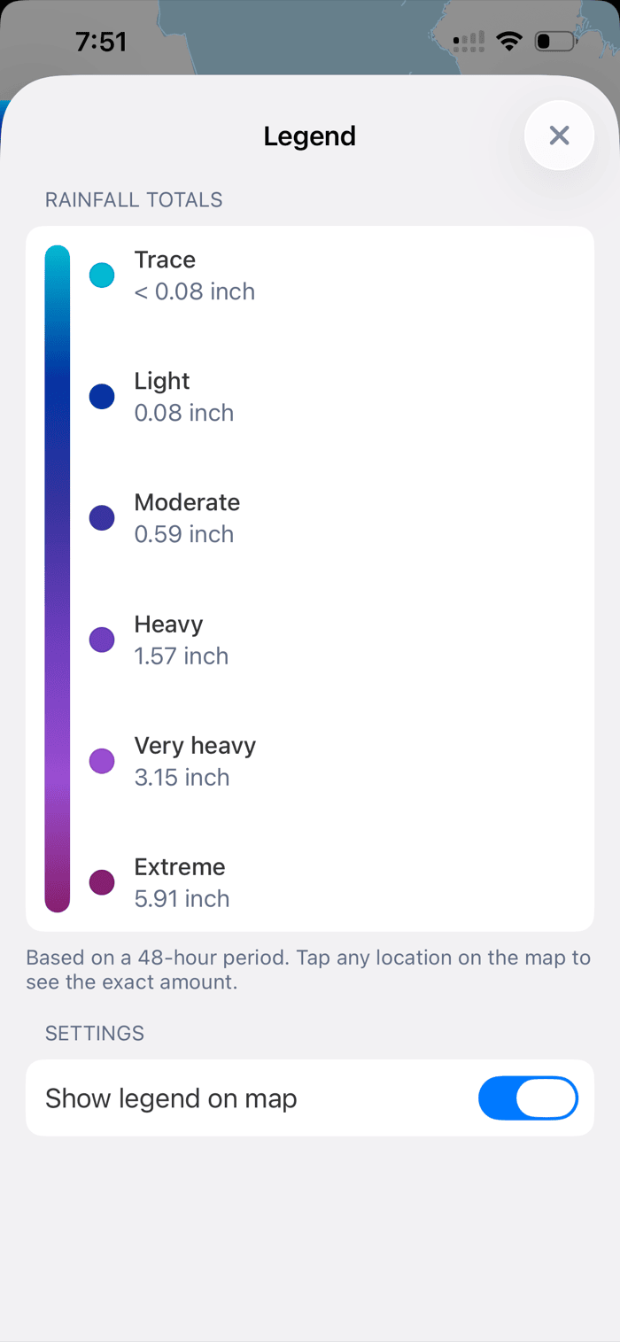 Rainfall Totals legend listing Trace, Light, Moderate, Heavy, Very heavy and Extreme classes with thresholds in inches