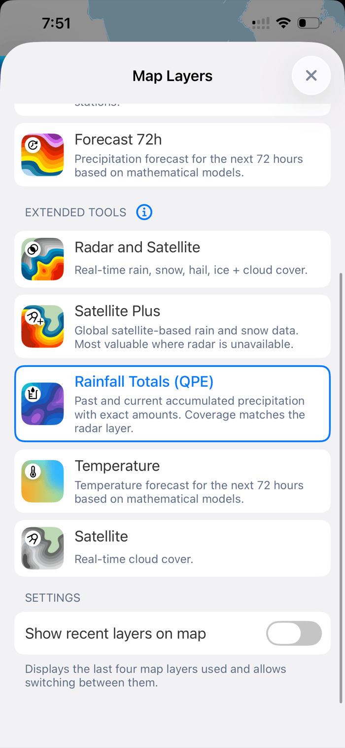 Map Layers panel in Rain Viewer showing Rainfall Totals (QPE) selected under Extended Tools