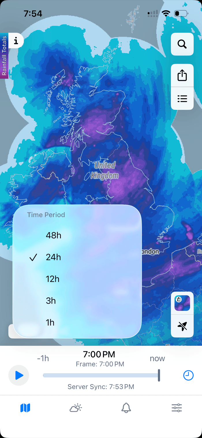 Time-period selector showing 48h, 24h, 12h, 3h, and 1h options over a UK radar map