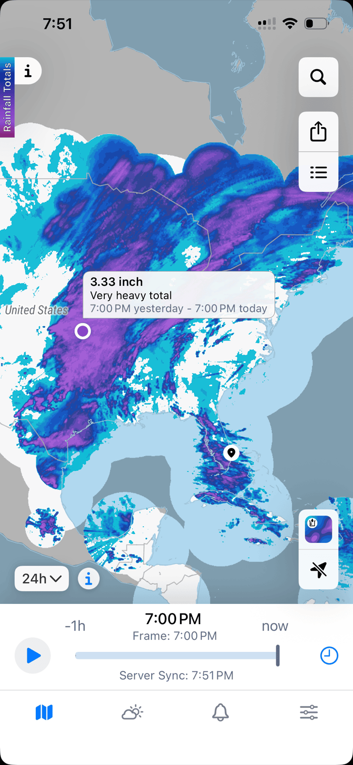 Rainfall Totals popup over the US showing 3.33 inch, Very heavy total, 7:00 PM yesterday - 7:00 PM today