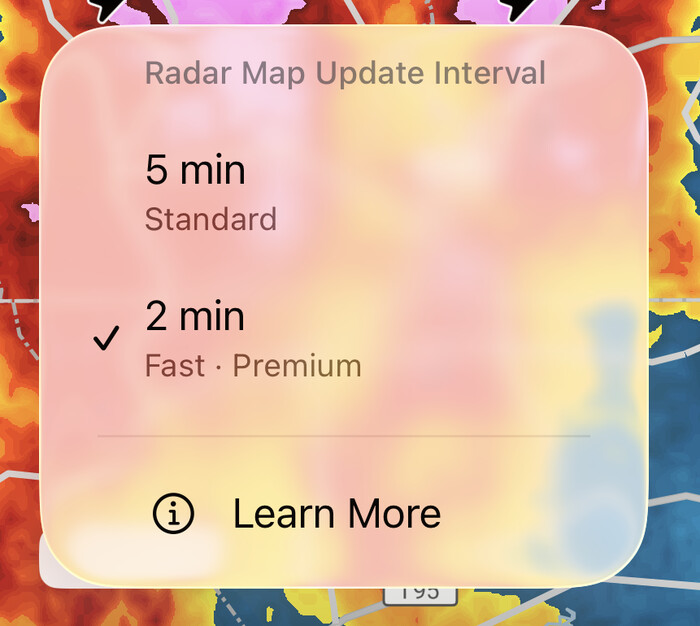 The Radar Map Update Interval menu showing 5 min Standard and 2 min Fast options