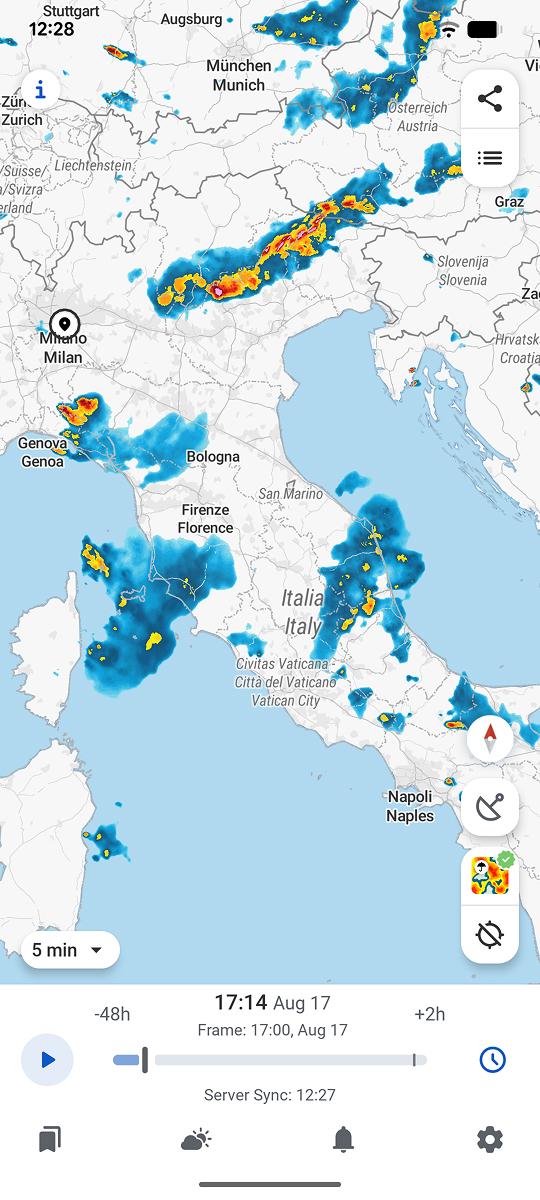 Live radar over Italy in the RainViewer app, with storm cells along the Alps
