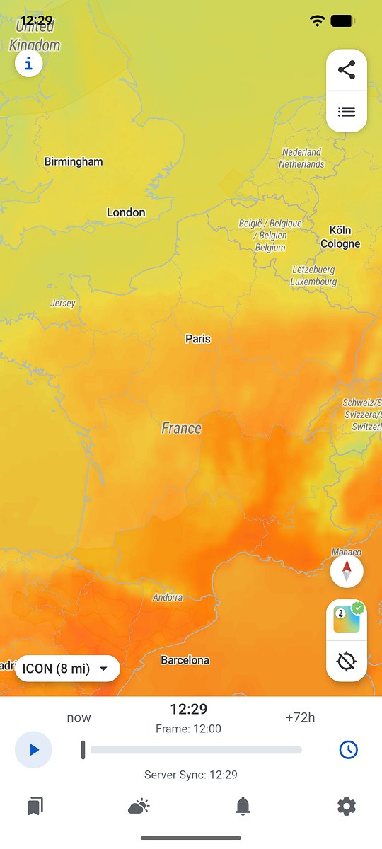 Temperature layer over France in the RainViewer app, with the 72-hour forecast