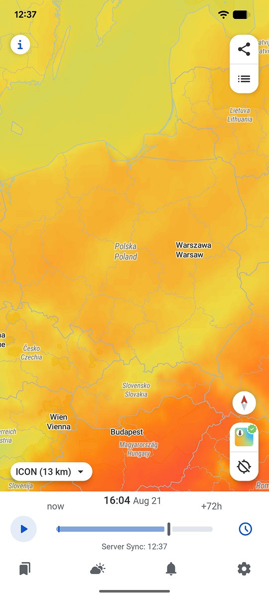 Temperature layer over Poland in the RainViewer app, with the 72-hour forecast