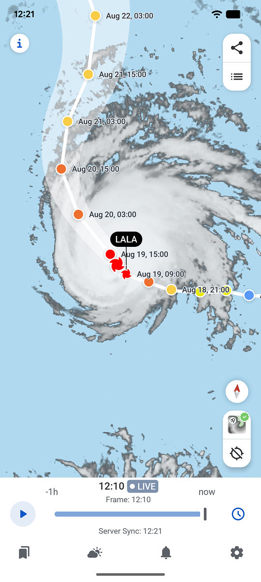 A hurricane on the RainViewer satellite layer with its track and forecast points marked hour by hour across the Atlantic