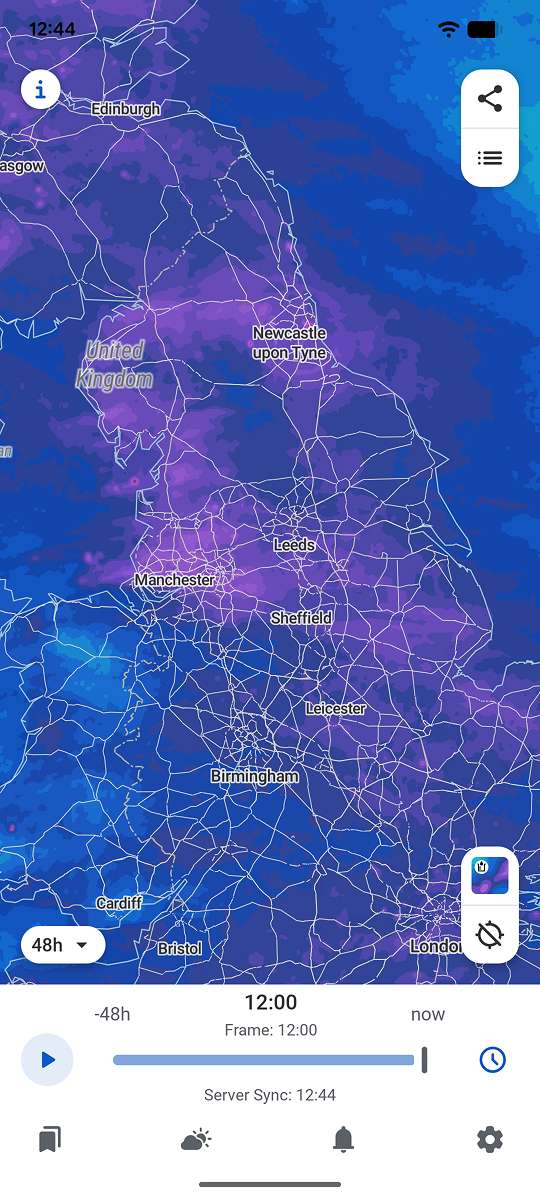 Accumulated rainfall over the UK across 48 hours in the RainViewer app