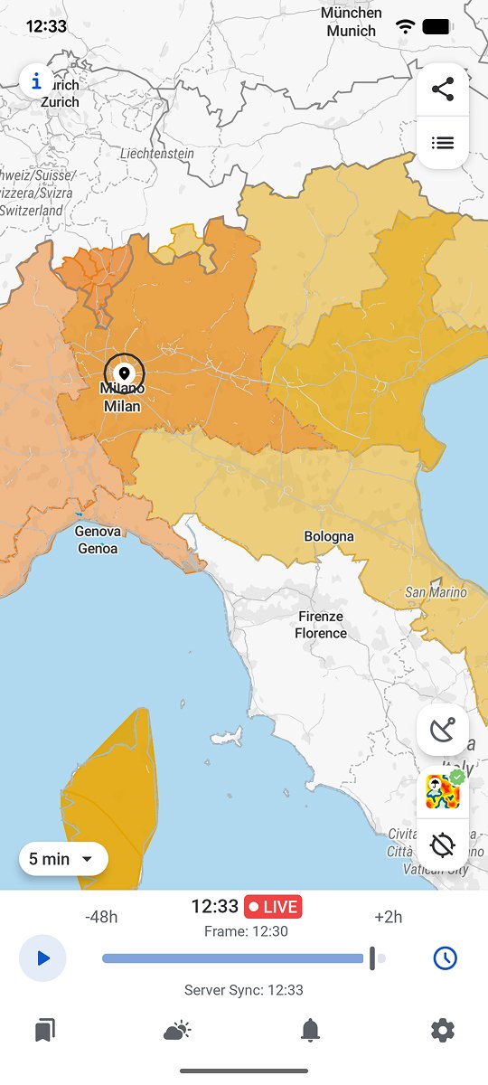 Official weather alerts overlaid on the radar map of northern Italy in the RainViewer app