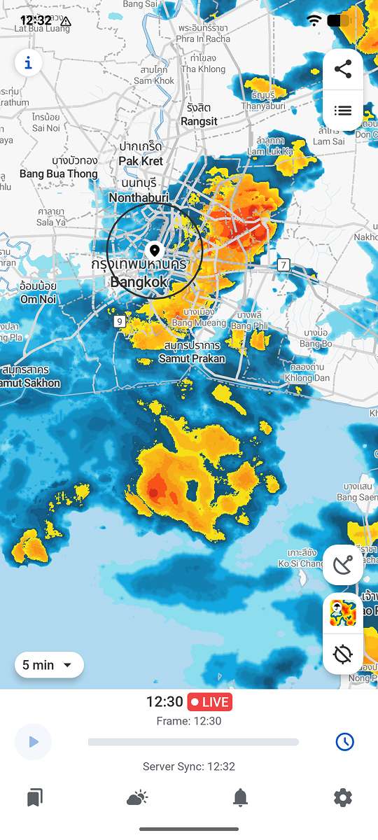 Live rain radar over Bangkok in the RainViewer app