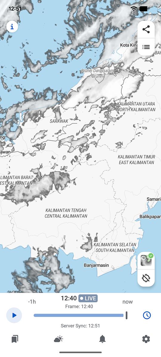 Lapisan satelit di atas Borneo dan Kalimantan dalam aplikasi RainViewer