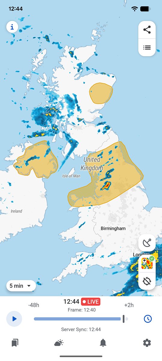 Met Office warning areas shown as an overlay on the radar map of the UK in the RainViewer app