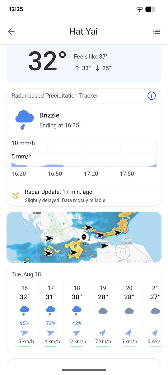 The Hat Yai weather summary in the RainViewer app, with the radar-based precipitation tracker