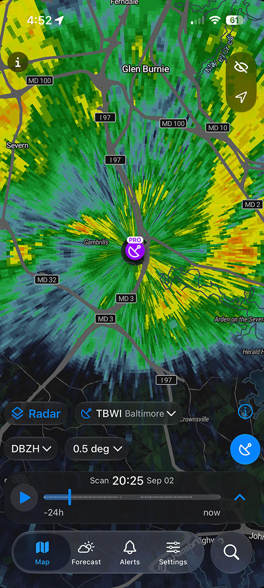 RainViewer Pro Radar Bildschirm mit der Station Baltimore, dem Produkt DBZH und dem Elevationswinkel von 0,5 Grad