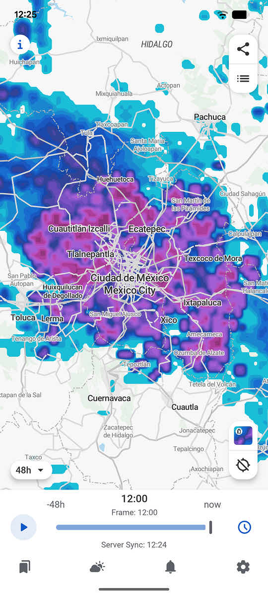 Rainfall accumulated over the last 48 hours across the Valley of Mexico in RainViewer, with the maximum in purple over Mexico City