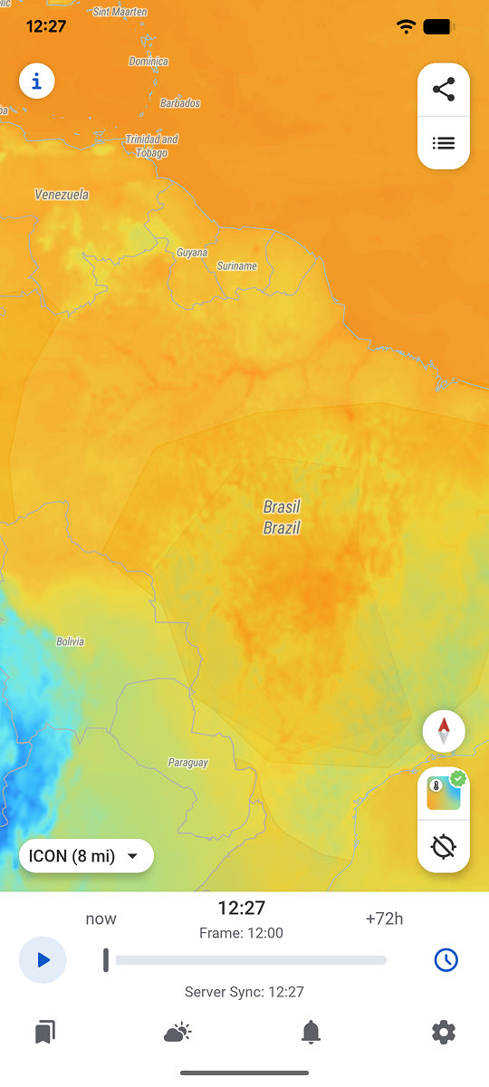 RainViewer temperature layer over Brazil, with the interior of the country in orange and the 72-hour forecast on the bottom bar