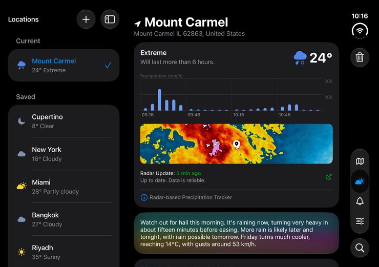 RainViewer 8.4 forecast tab on the unfolded iPhone Duo: the saved locations list beside the nowcast with the rain intensity chart, the radar map preview, the temperature, and the AI weather summary