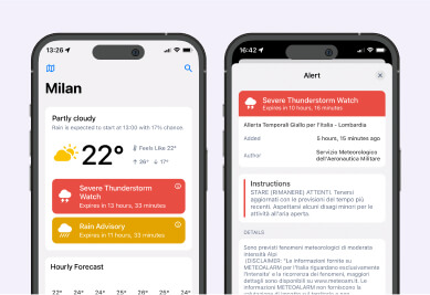 Rainviewer ऐप में गंभीर मौसम चेतावनी के साथ फोन का स्क्रीनशॉट