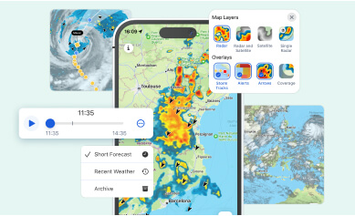 รูปภาพของโทรศัพท์ที่แสดงเส้นทางของพายุและข้อมูลบนแผนที่