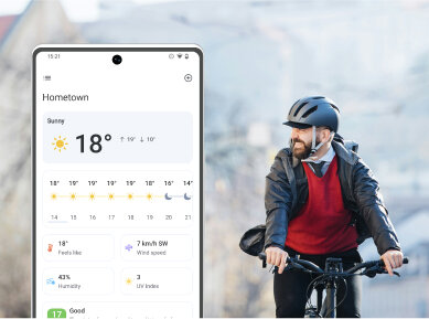 Picture of phone with Rain Viewer app open showing hourly weather forecast