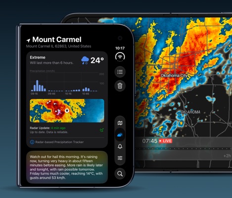 The redesigned RainViewer forecast tab on a folded iPhone Duo, next to the radar map on the unfolded screen