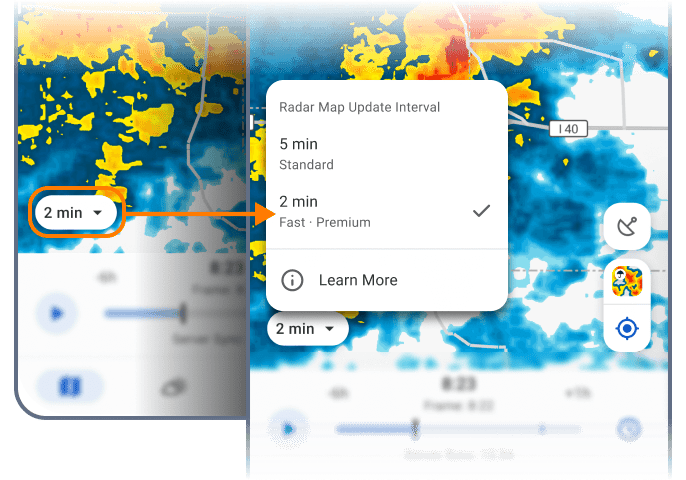 Selección del intervalo rápido de actualización de radar de 2 minutos en RainViewer en Android