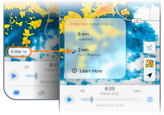 Choosing the 2-minute fast radar update interval in RainViewer on iOS