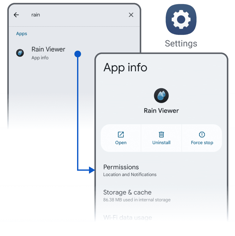 स्थान और सूचना अनुमतियाँ देने के लिए Rain Viewer की Android स्क्रीन