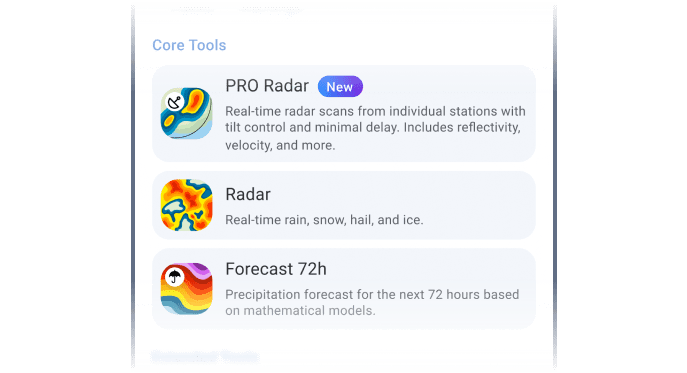 Map layer picker showing Core Tools — Pro Radar, Radar and Forecast 72h on Android