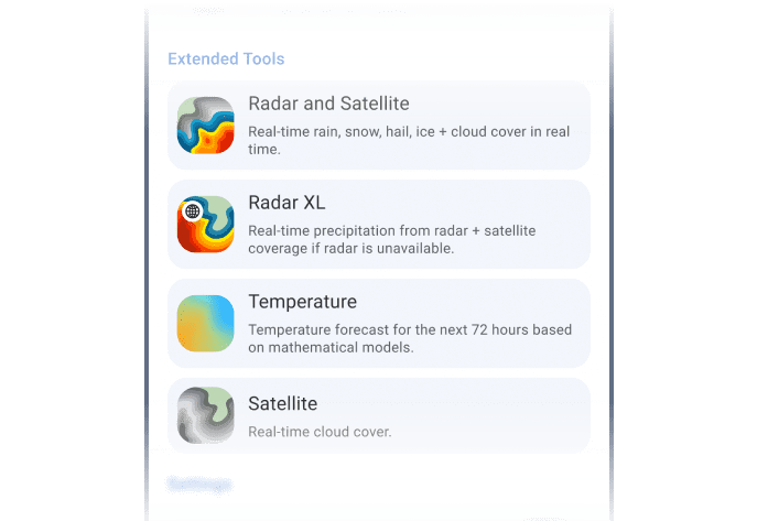 Map layer picker showing Extended Tools — Radar & Satellite, Temperature and Satellite on Android