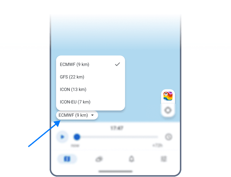 Selecting a forecast model in the RainViewer Android app