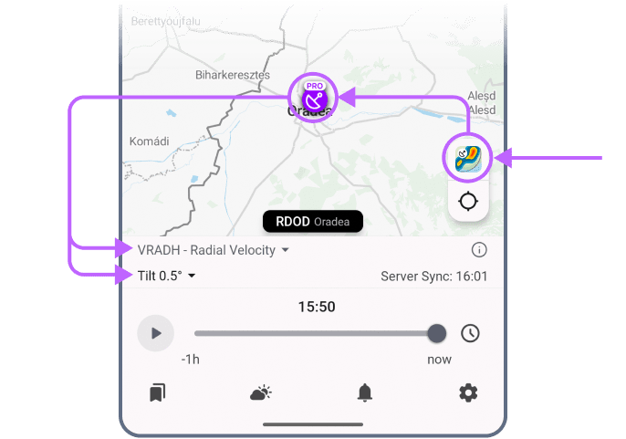 Seleccionar una estación Pro Radar en el mapa en RainViewer en Android