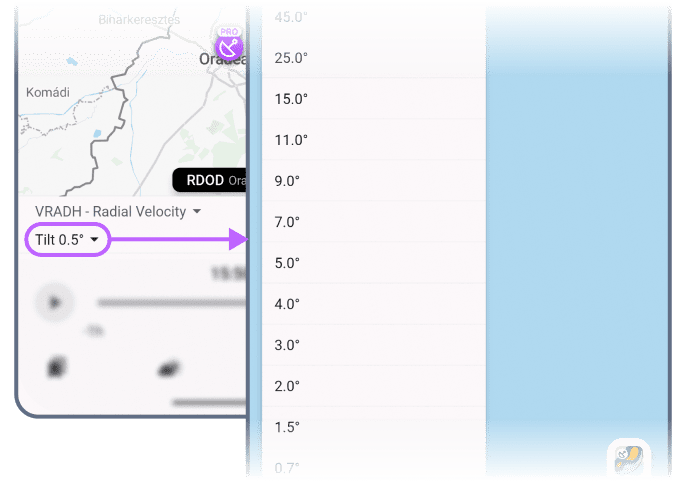 Control del ángulo de inclinación de Pro Radar en RainViewer en Android