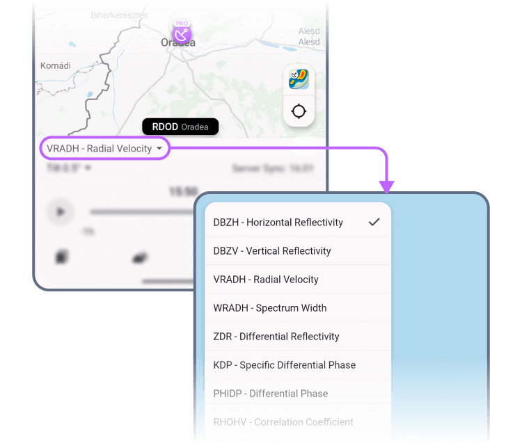 List of available Pro Radar products in RainViewer on Android